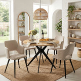 Ensemble table à manger ronde en chêne avec pieds en forme de X et 4 fauteuils en tissu beige de style scandinave pour salle à manger