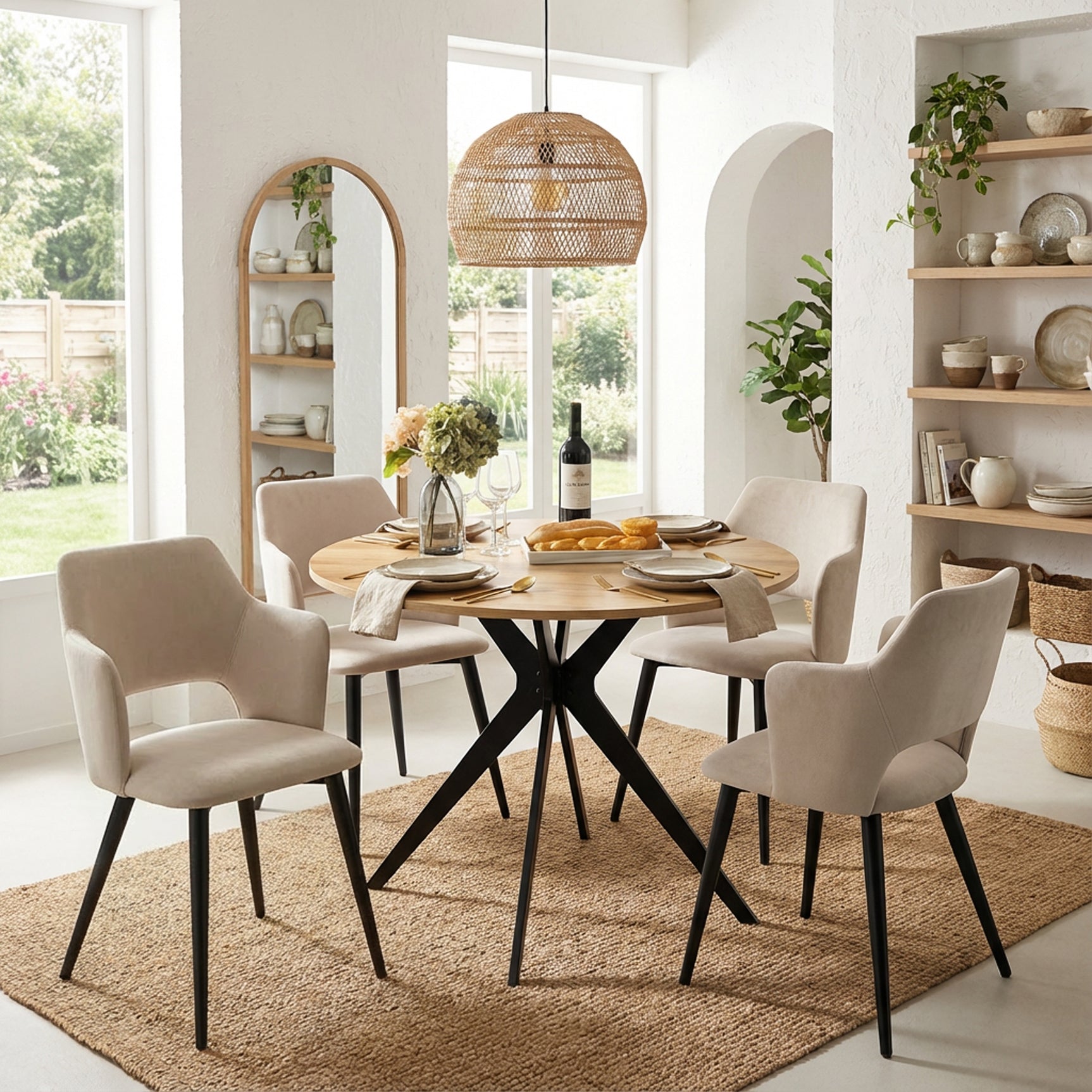 Ensemble table à manger ronde en chêne avec pieds en forme de X et 4 fauteuils en tissu beige de style scandinave pour salle à manger