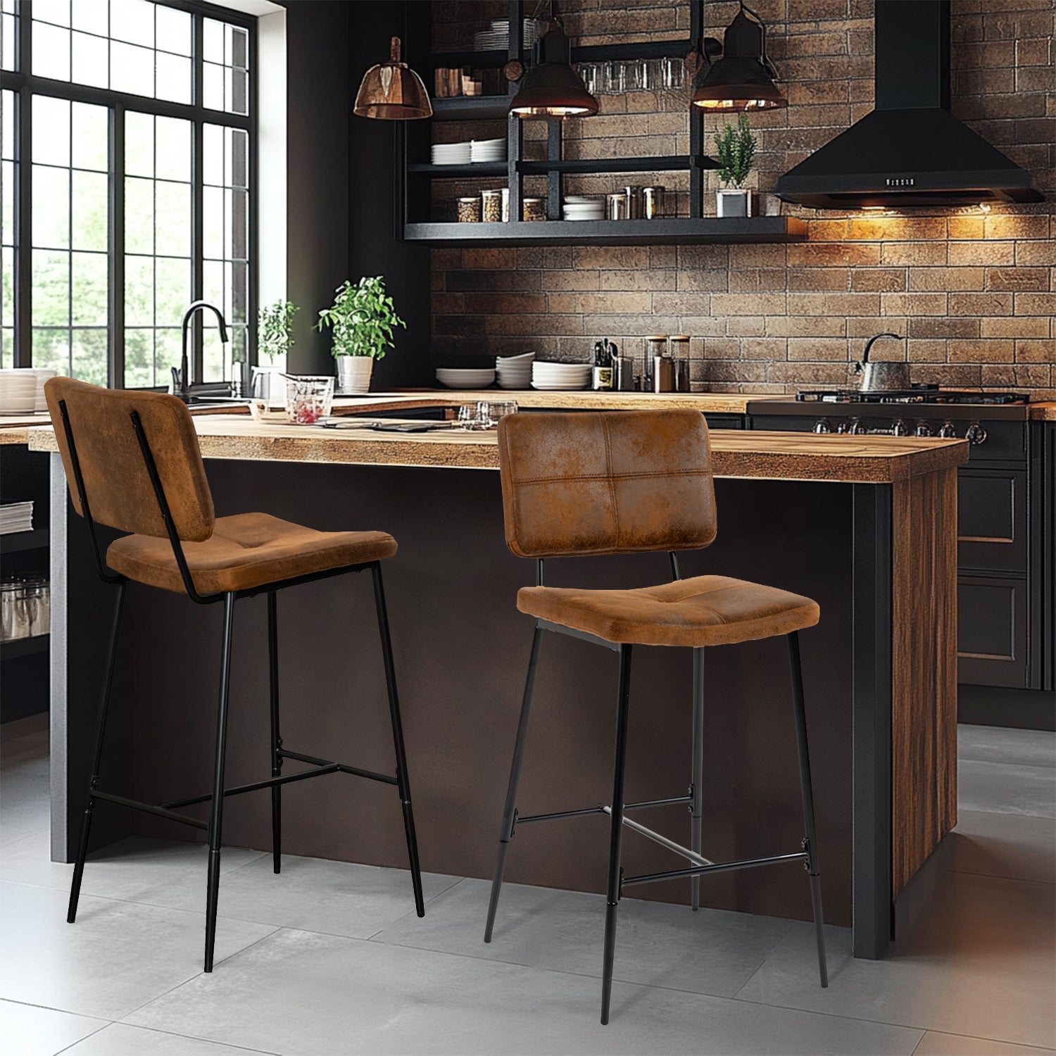 Set mit 6 industriellen Barhockern mit Wildlederrücken – POMONA BAR