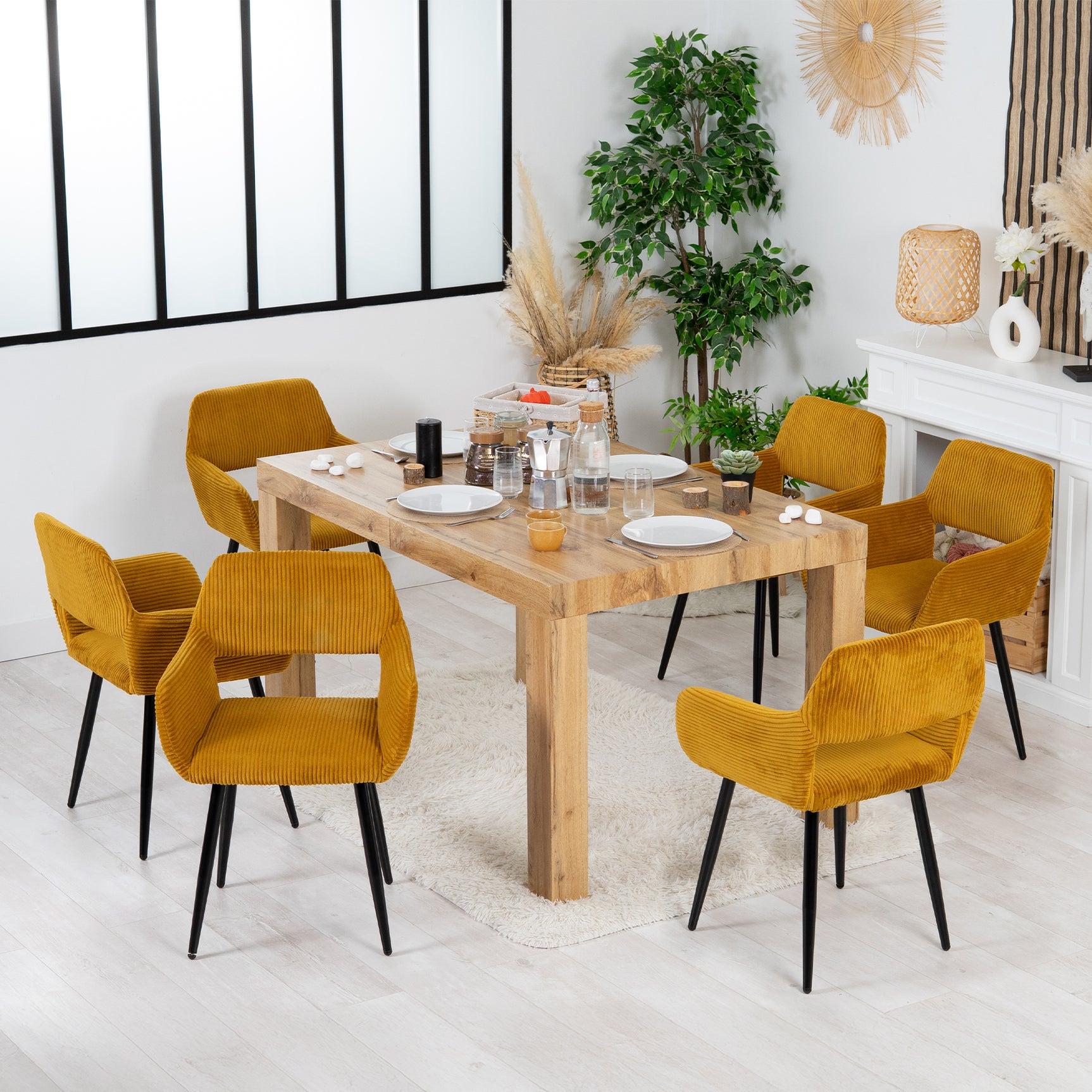 Lot de 6 fauteuils de salle à manger scandinaves avec accoudoirs en velours côtelé jaune safran - CROMWELL CORDUROY