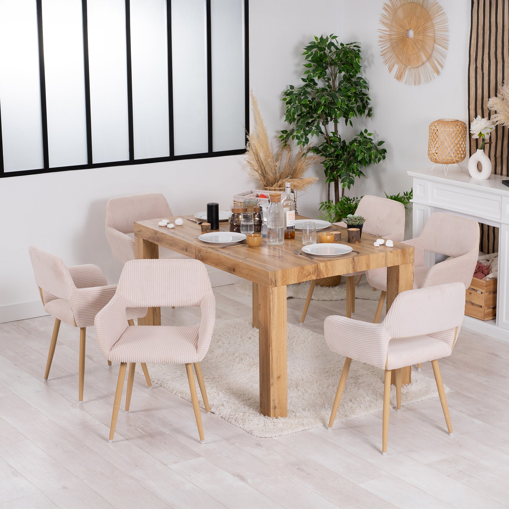 Set von 6 skandinavischen Esstühlen mit Beige Samt Armlehnen - Cromwell Corduroy