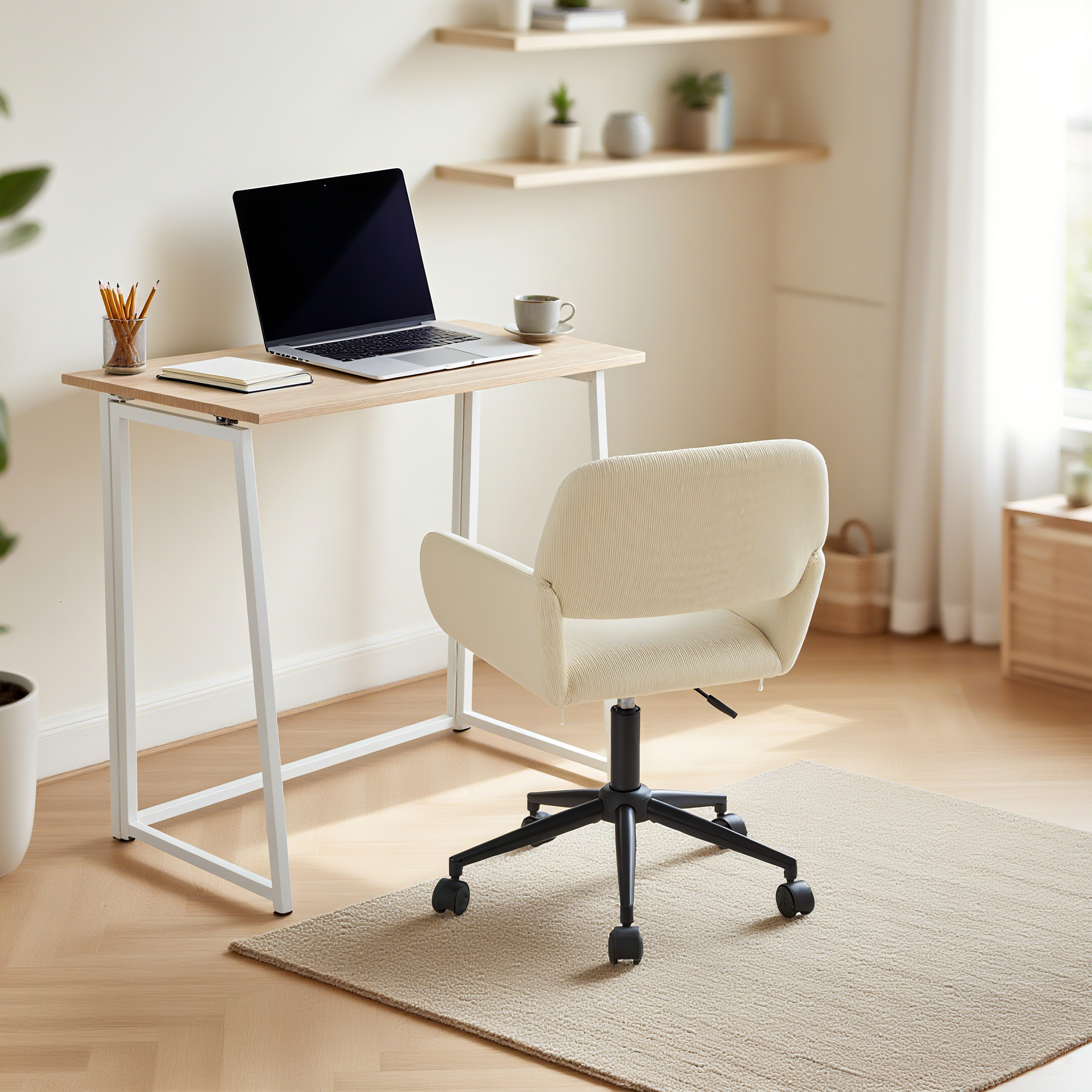 Desktop pieghevole e sedia da scrivania in velluto a coste beige - Ascoli & Ross