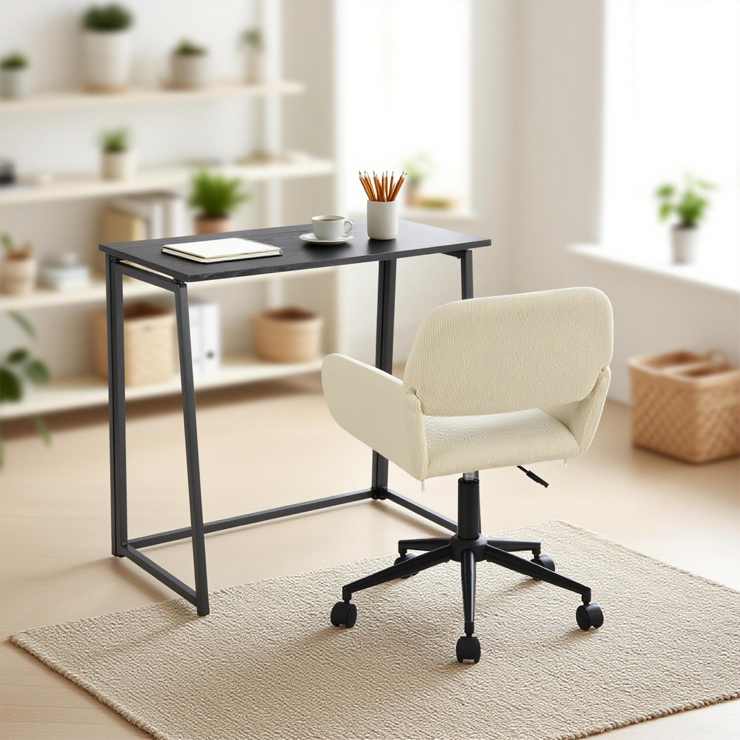 Ufficio pieghevole in metallo nero e sedia desktop in velluto beige - Ascoli & Ross