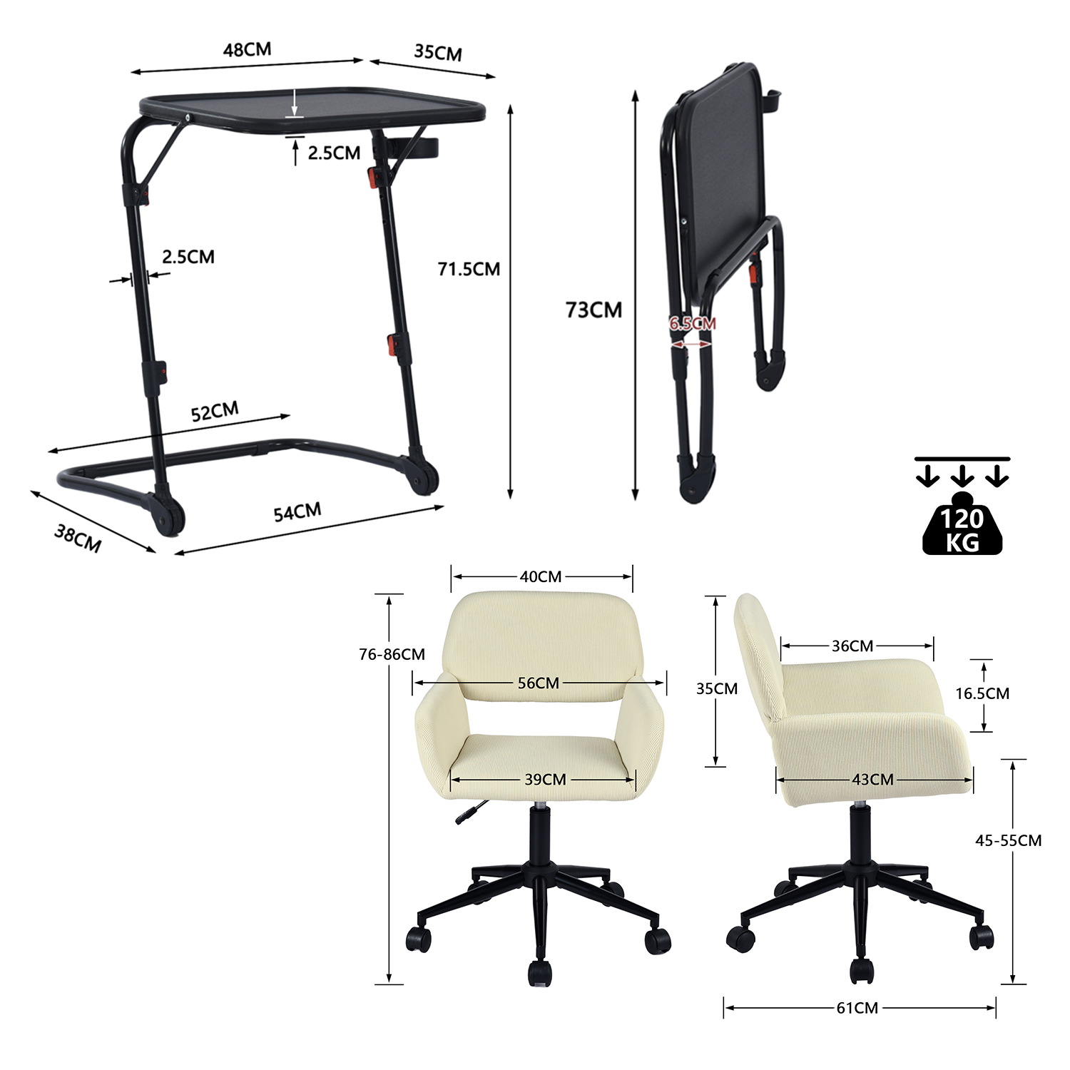 Imposta con tavolo extra nero pieghevole e sedia da ufficio beige in velluto - Baseline & Ross