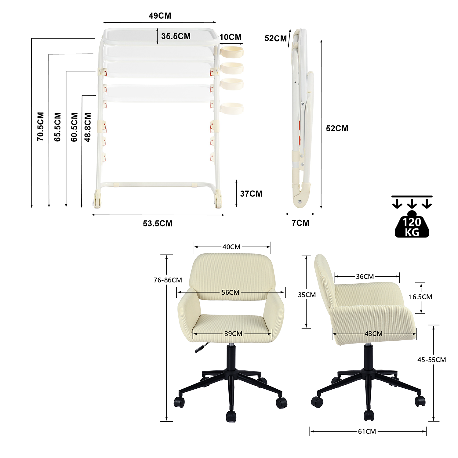 Establecer con mesa auxiliar blanca plegable y sillón de escritorio de terciopelo beige - Baseline y Ross