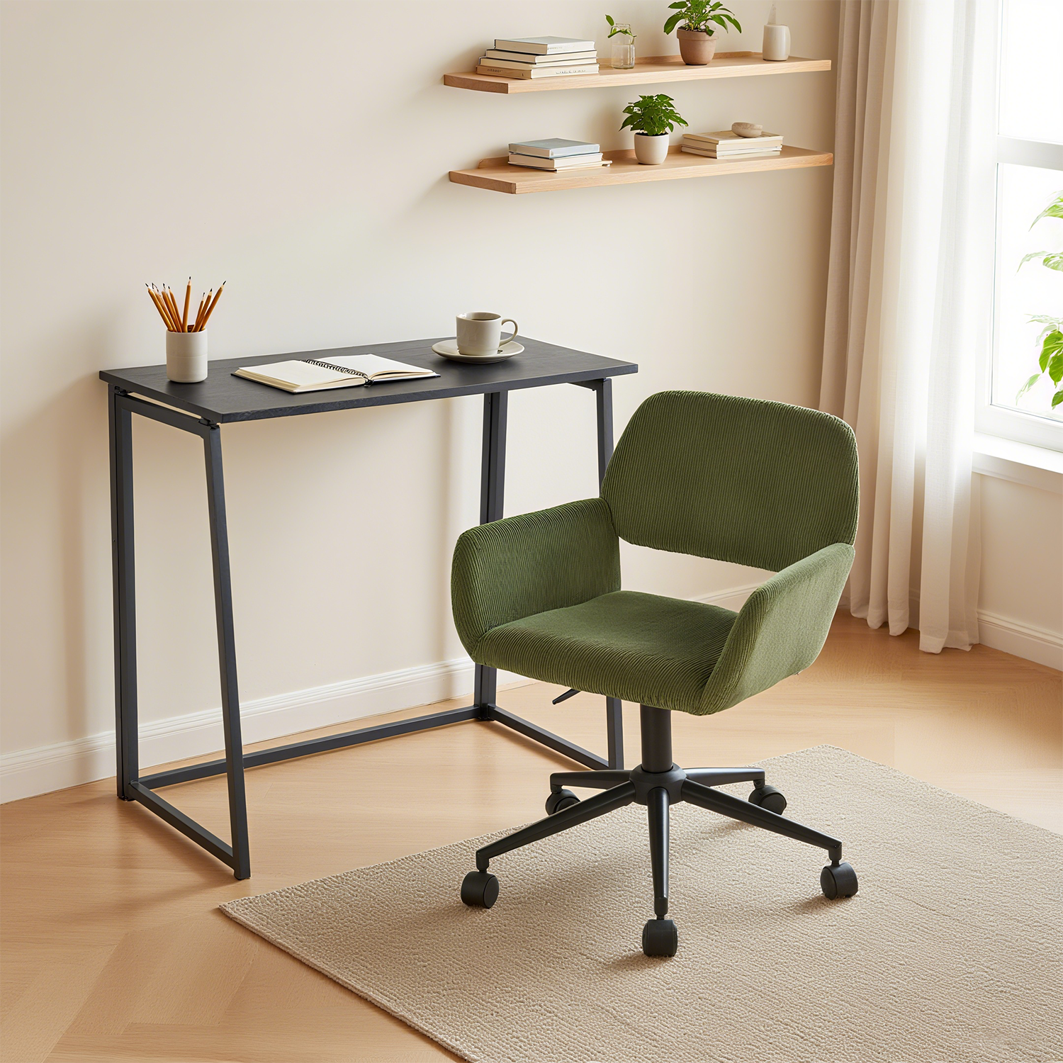 Desktop plegable colocado en black metal y sillón de escritorio en terciopelo verde oliva - ascoli y ross