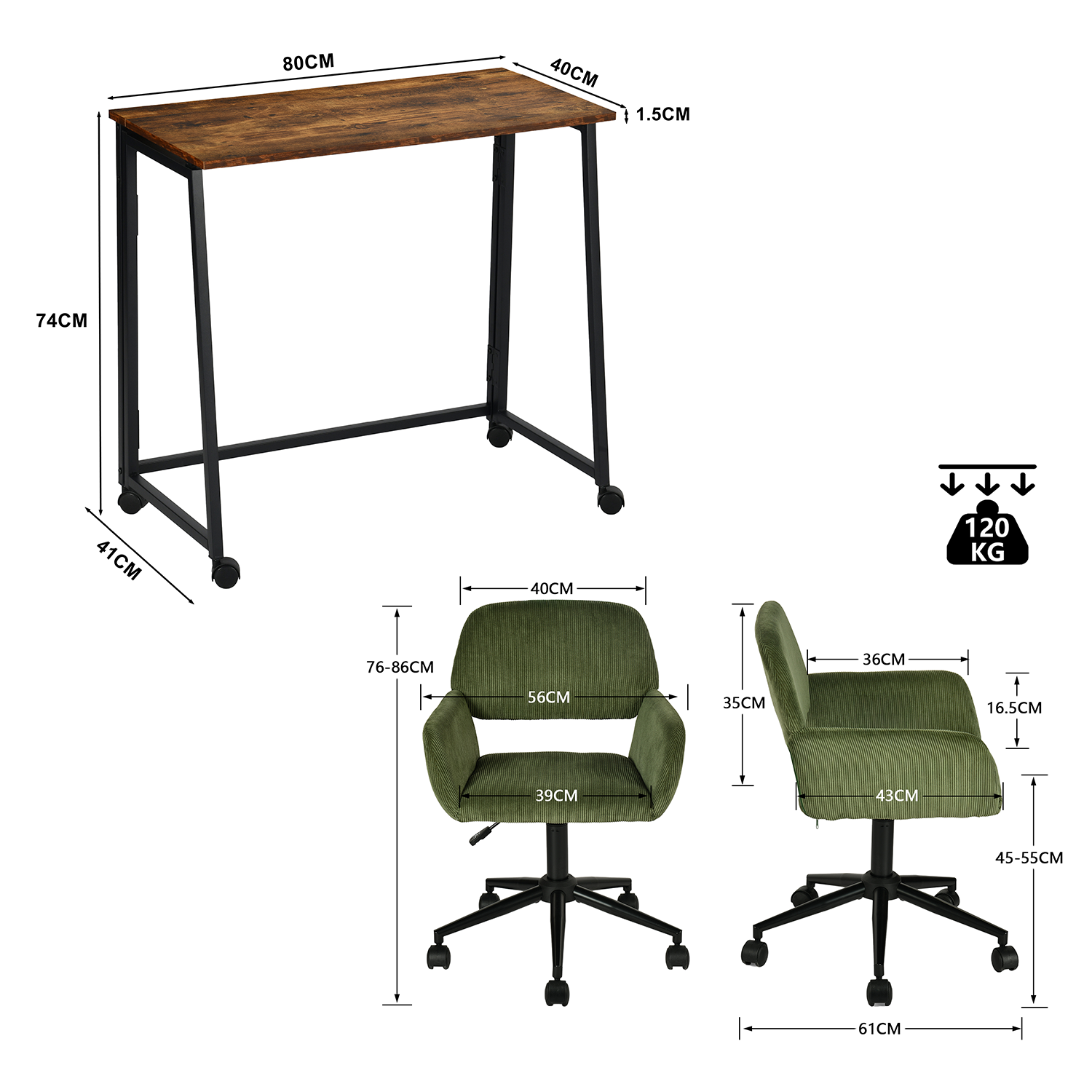Consejo con un escritorio industrial industrial y silla en terciopelo acanalado verde oliva - Ascoli & Ross