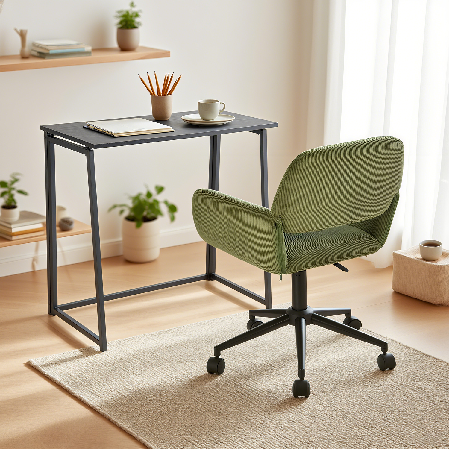Desktop plegable colocado en black metal y sillón de escritorio en terciopelo verde oliva - ascoli y ross