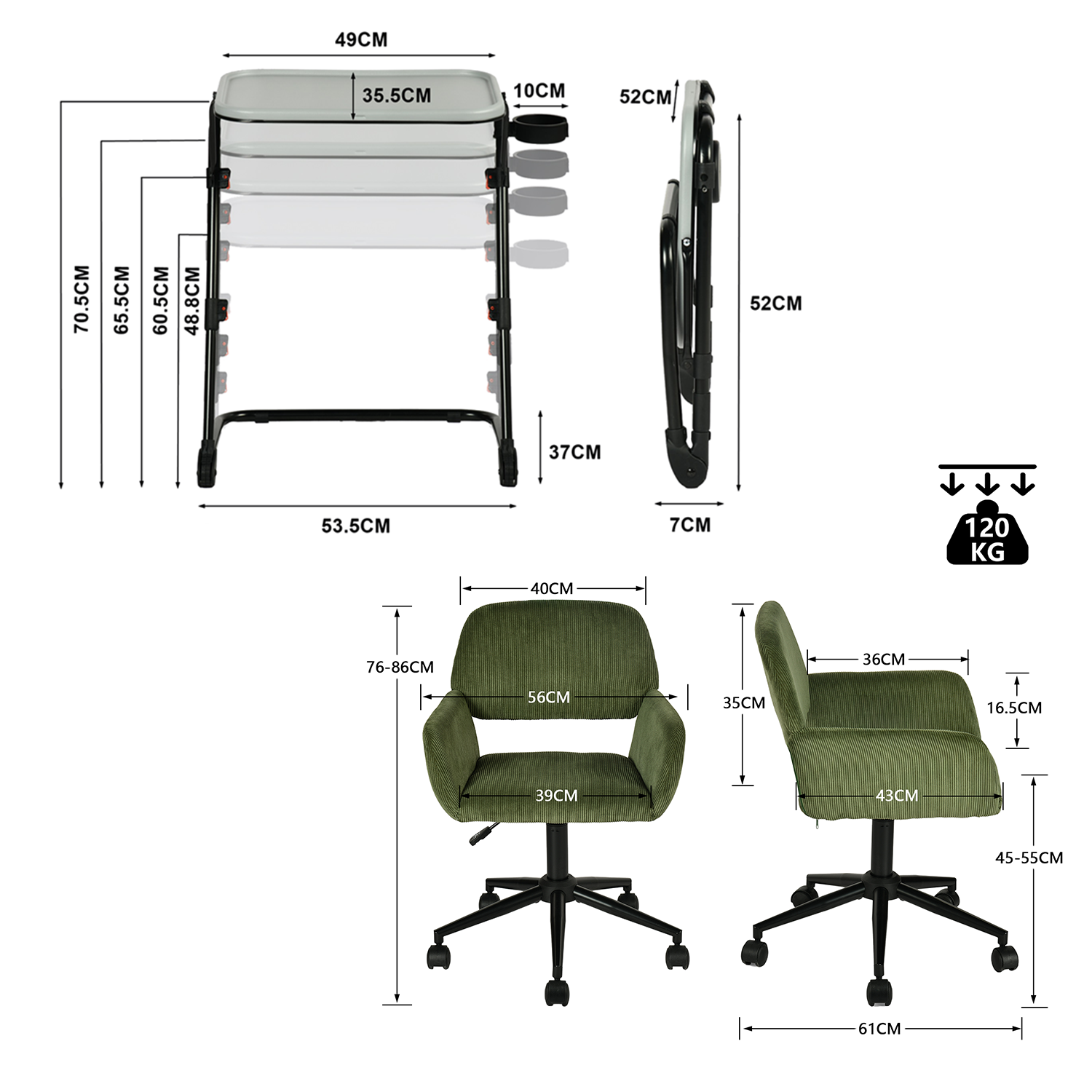 Imposta con tavolo extra grigio pieghevole e sedia da ufficio in velluto verde oliva - Baseline & Ross