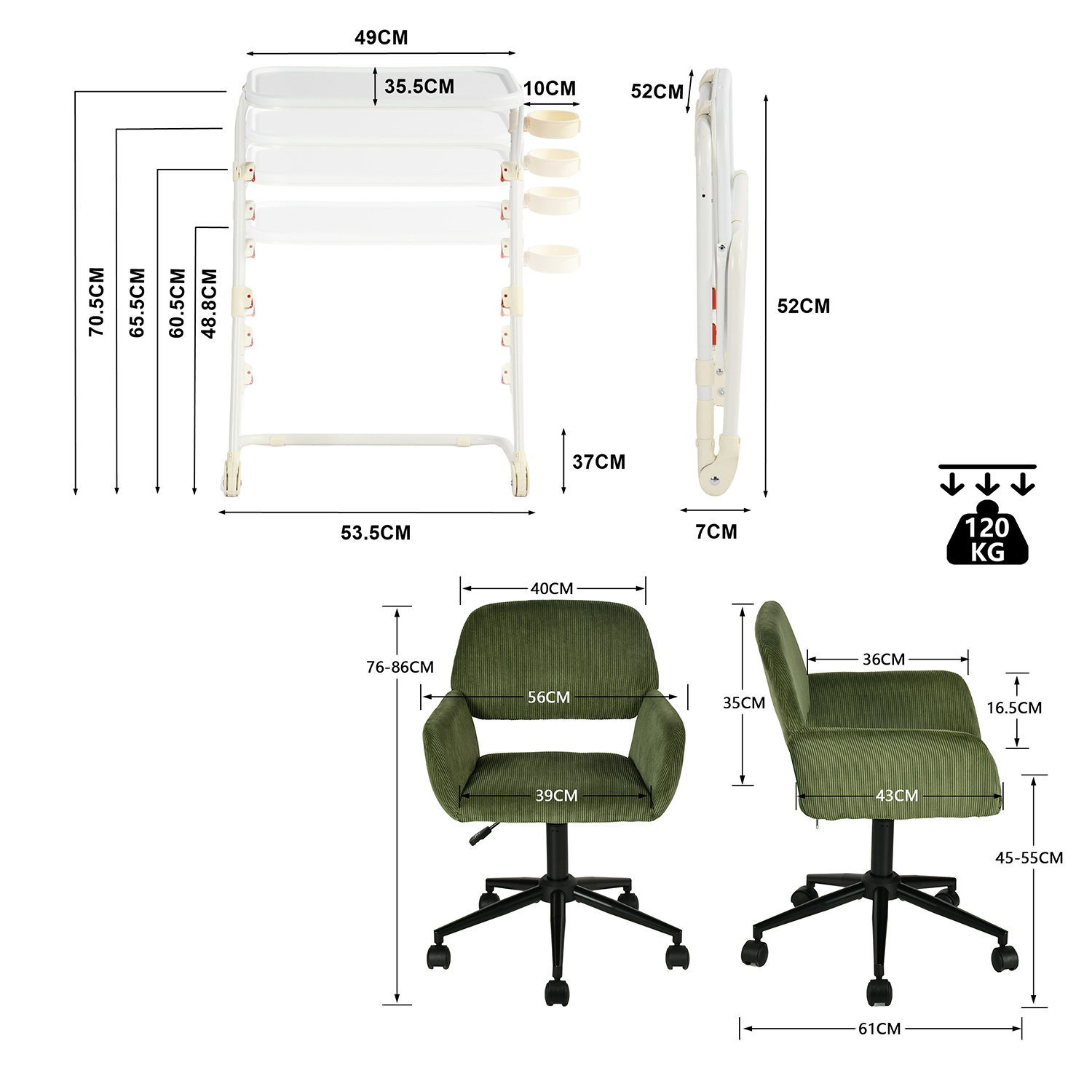 Conjunto con mesa auxiliar blanca plegable y silla de oficina de terciopelo verde oliva - línea de base y Ross