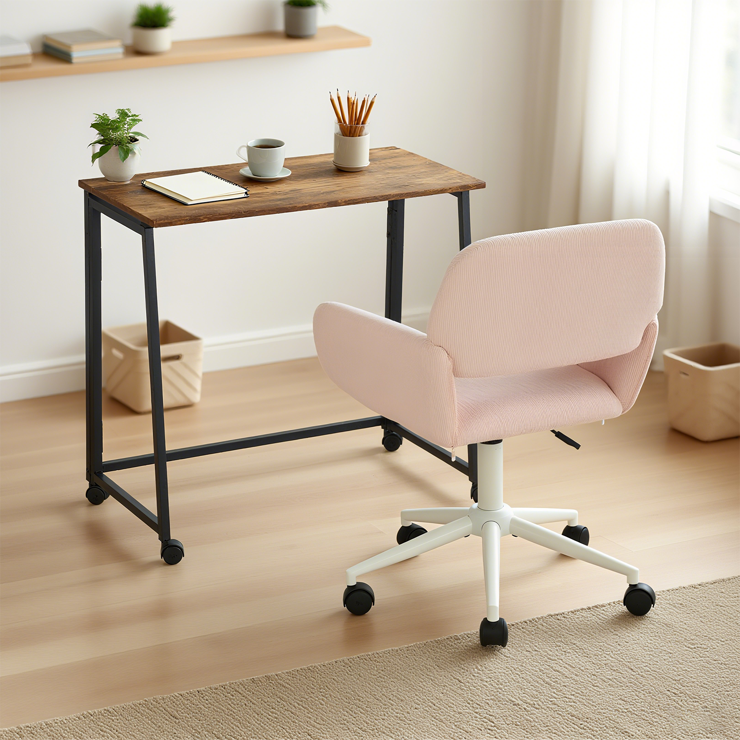 Set mit industrielles faltbarem Büro auf Rädern und rosa Samtstuhl - Ascoli & Ross