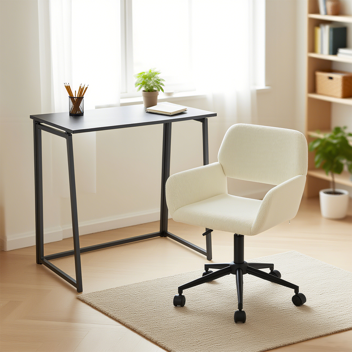 Ensemble bureau pliable en métal noir et fauteuil de bureau en velours côtelé beige ââ‚?ASCOLI & ROSS