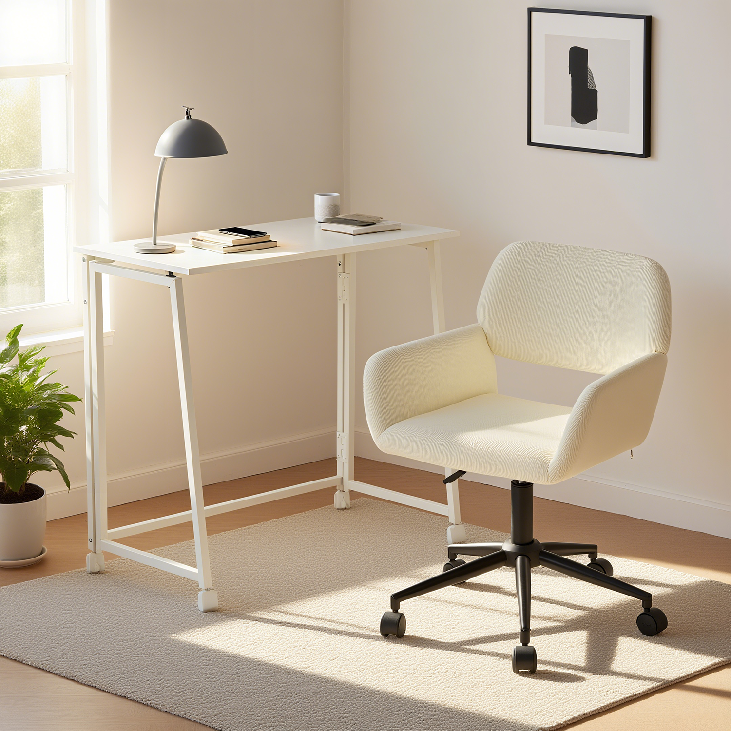 Ensemble avec bureau pliable blanc à roulettes et fauteuil en velours côtelé beige ââ‚?ASCOLI & ROSS