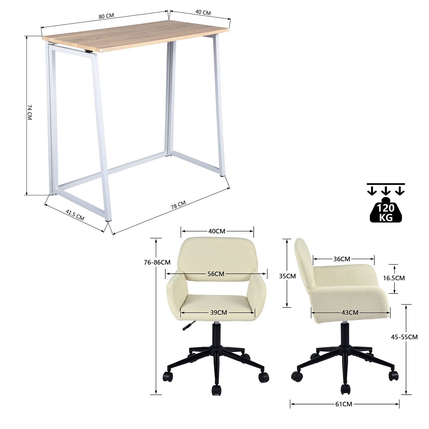 Ensemble bureau pliable et fauteuil de bureau en velours côtelé beige ââ‚?ASCOLI & ROSS