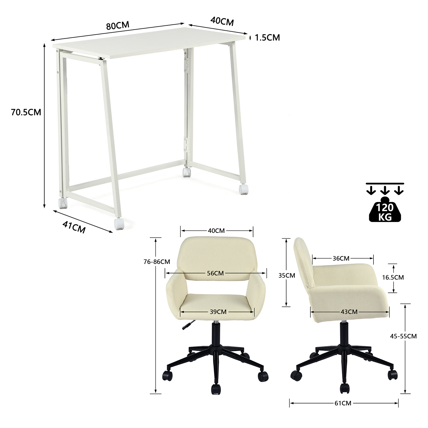 Ensemble avec bureau pliable blanc à roulettes et fauteuil en velours côtelé beige ââ‚?ASCOLI & ROSS