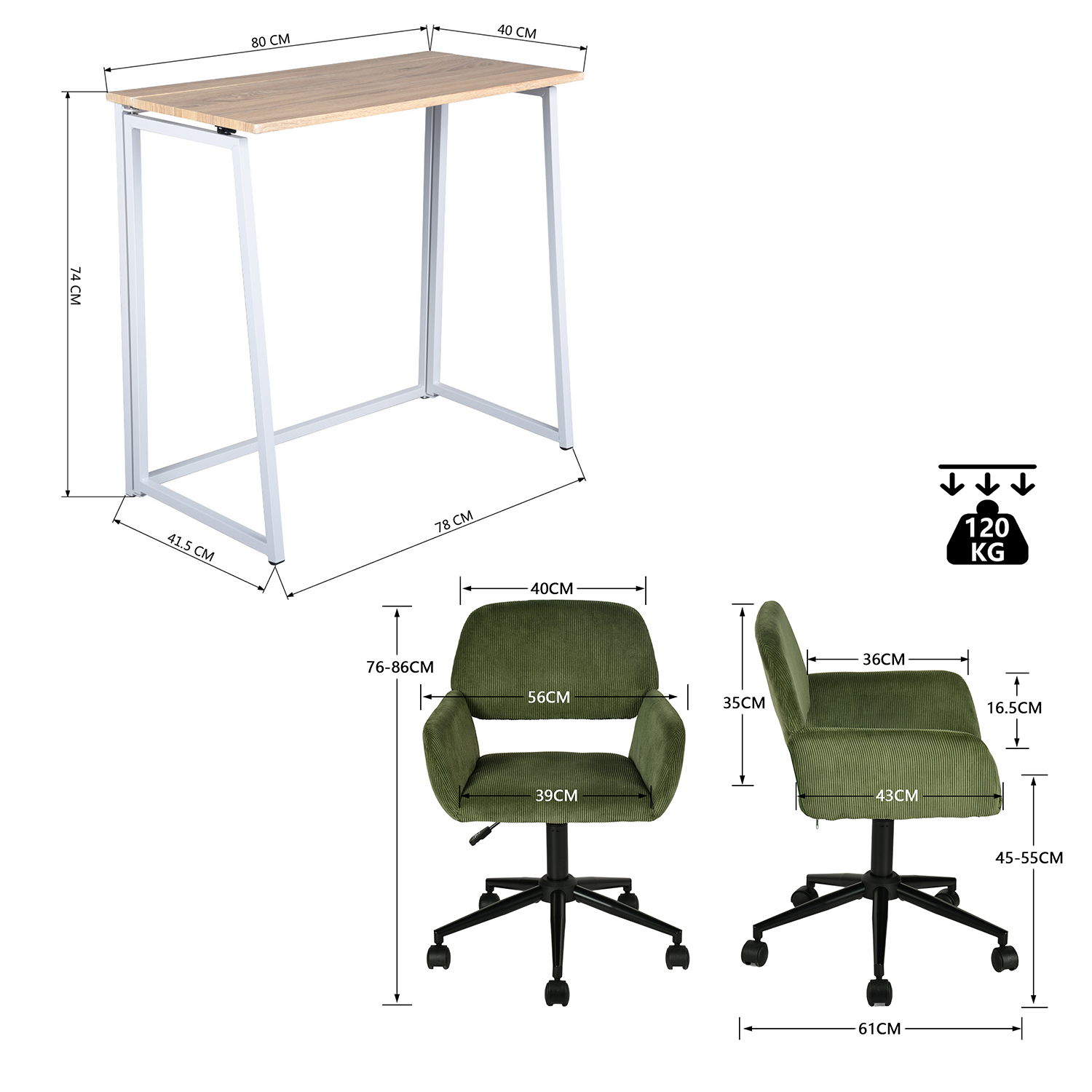 Ensemble bureau pliable et fauteuil de bureau en velours côtelé vert olive ââ‚?ASCOLI & ROSS