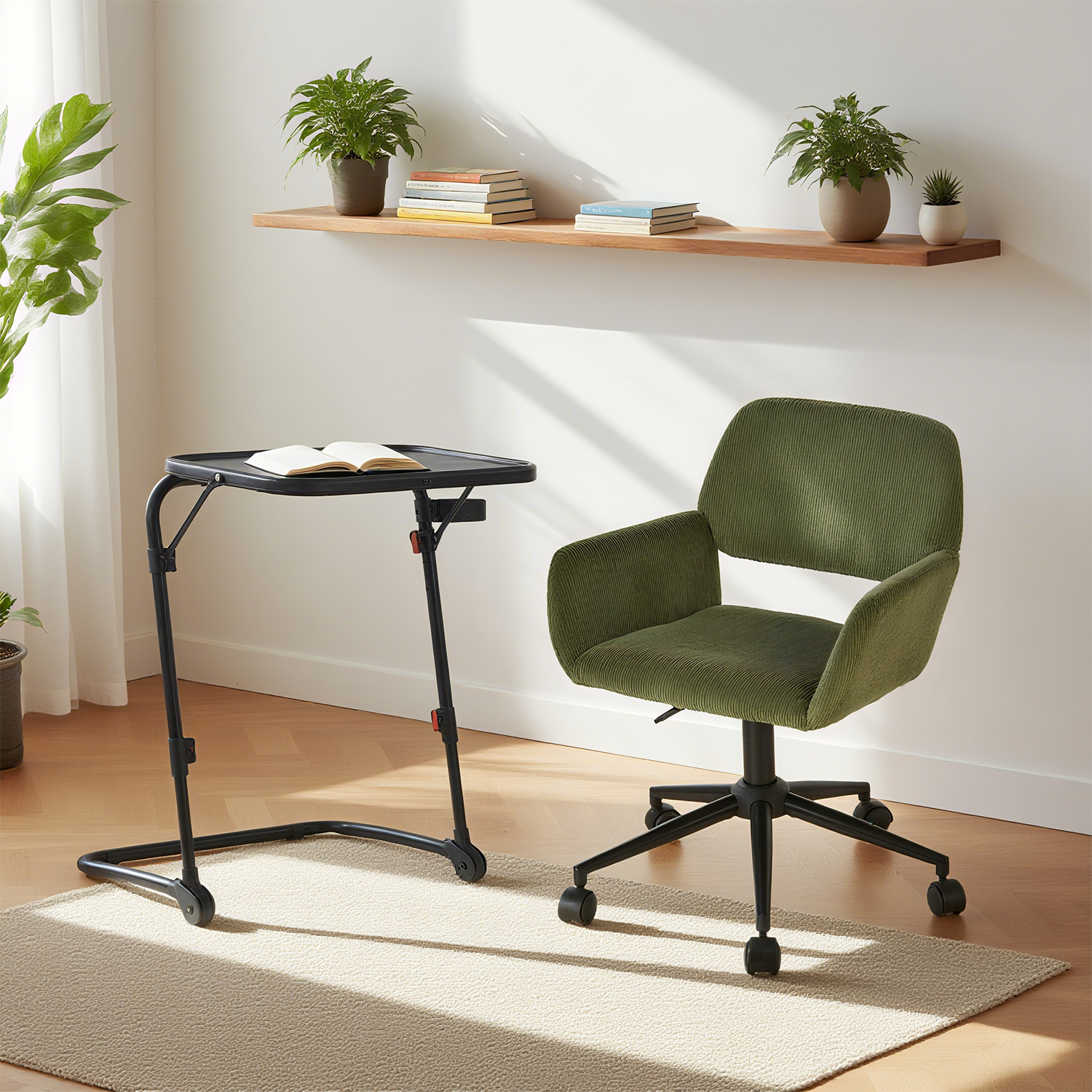 Ensemble avec table d’appoint noire pliable et fauteuil de bureau en velours côtelé vert olive ââ‚?BASELINE & ROSS