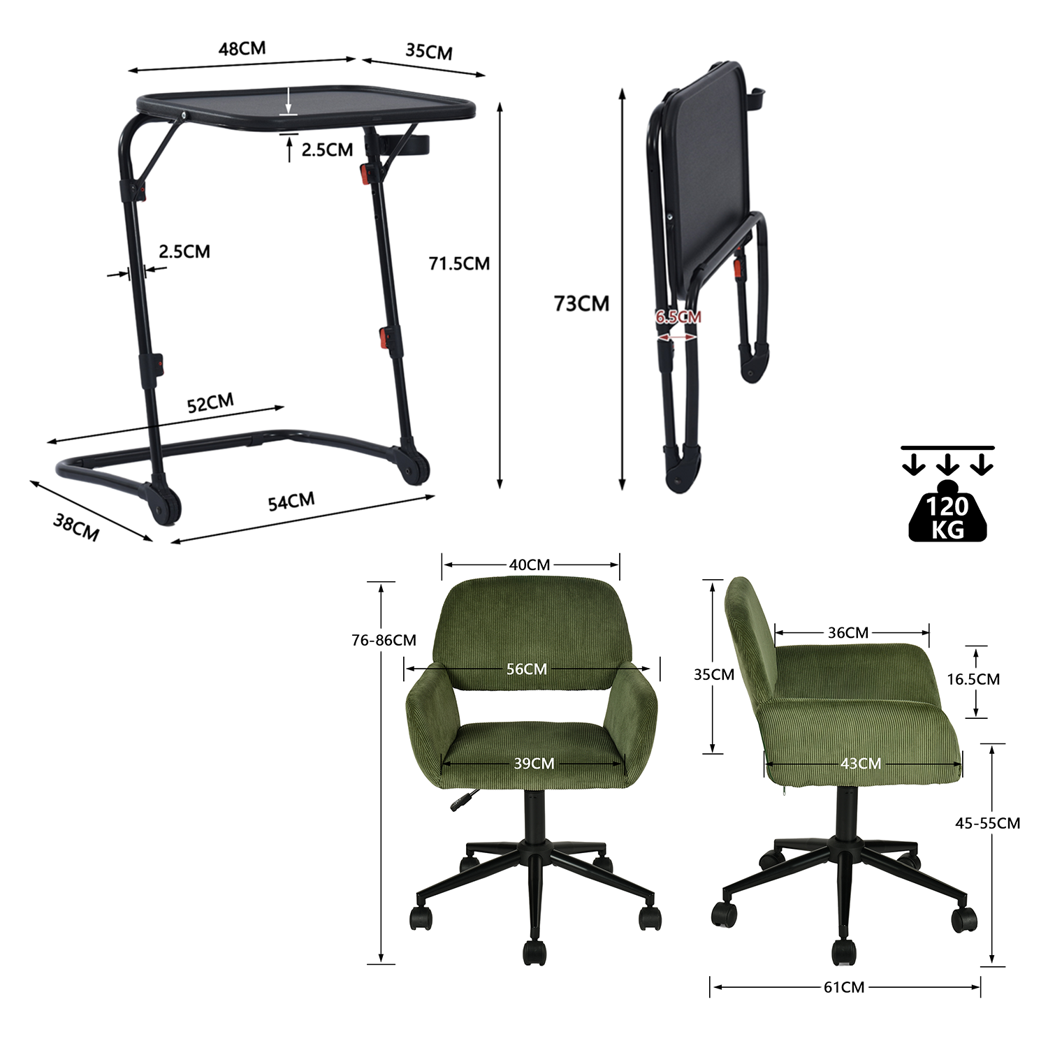 Ensemble avec table d’appoint noire pliable et fauteuil de bureau en velours côtelé vert olive ââ‚?BASELINE & ROSS