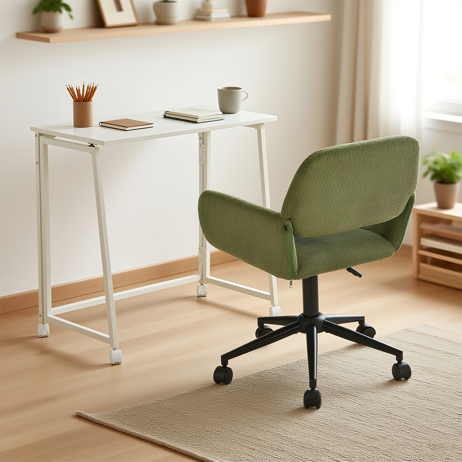 Set with White foldable desk on wheels and olive green velvet velvet chair - Ascoli & Ross
