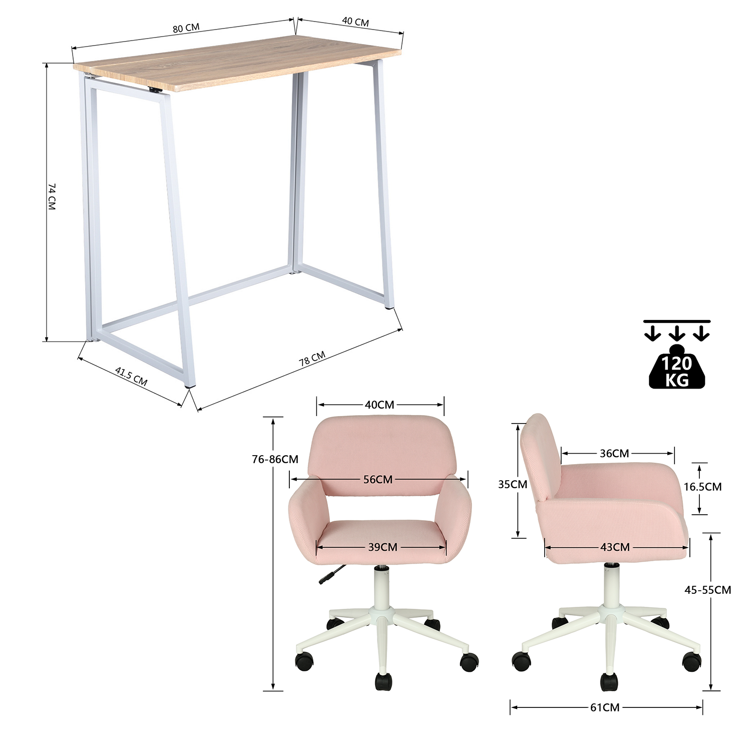Ensemble bureau pliable et fauteuil de bureau en velours côtelé rose ââ‚?ASCOLI & ROSS