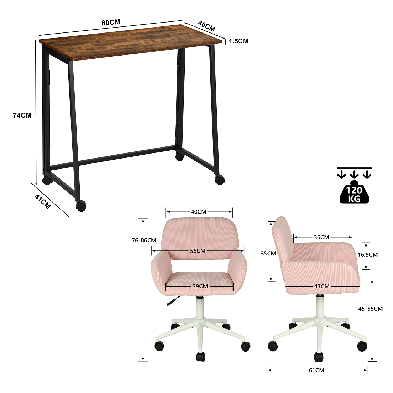 Set with industrial foldable office on wheels and pink velvet chair - Ascoli & Ross