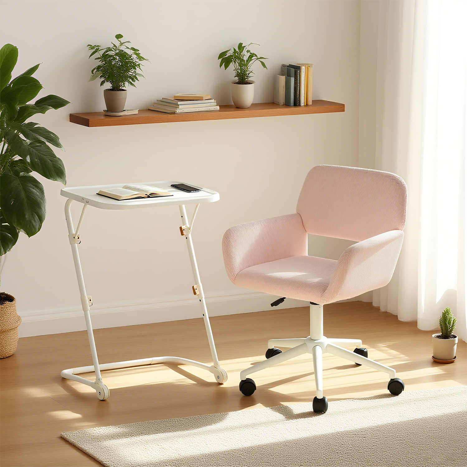 Ensemble avec table d’appoint blanche pliable et fauteuil de bureau en velours côtelé rose ââ‚?BASELINE & ROSS