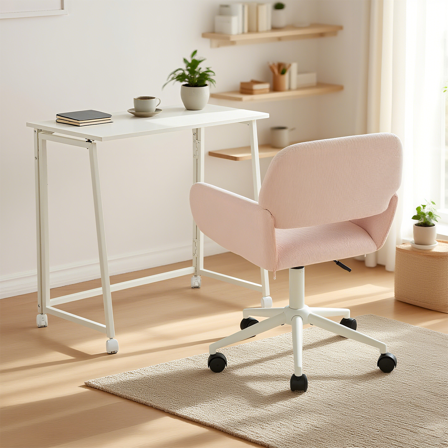 Ensemble avec bureau pliable blanc à roulettes et fauteuil en velours côtelé vert olive ââ‚?ASCOLI & ROSS