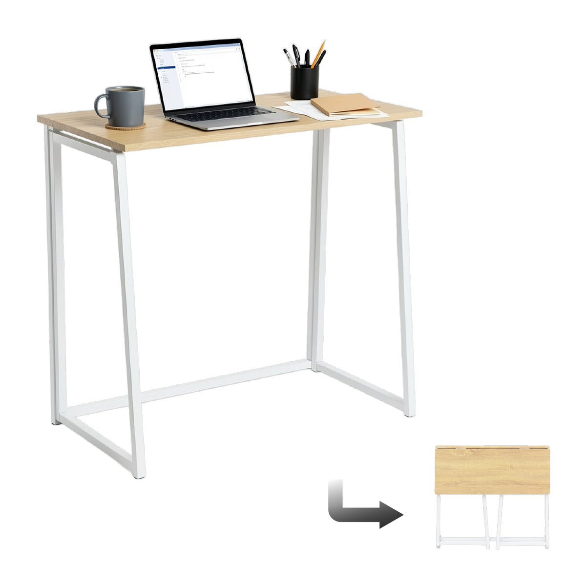 Bureau/table d'ordinateur industriel pliant en bois de chêne et en métal blanc - ASCOLI
