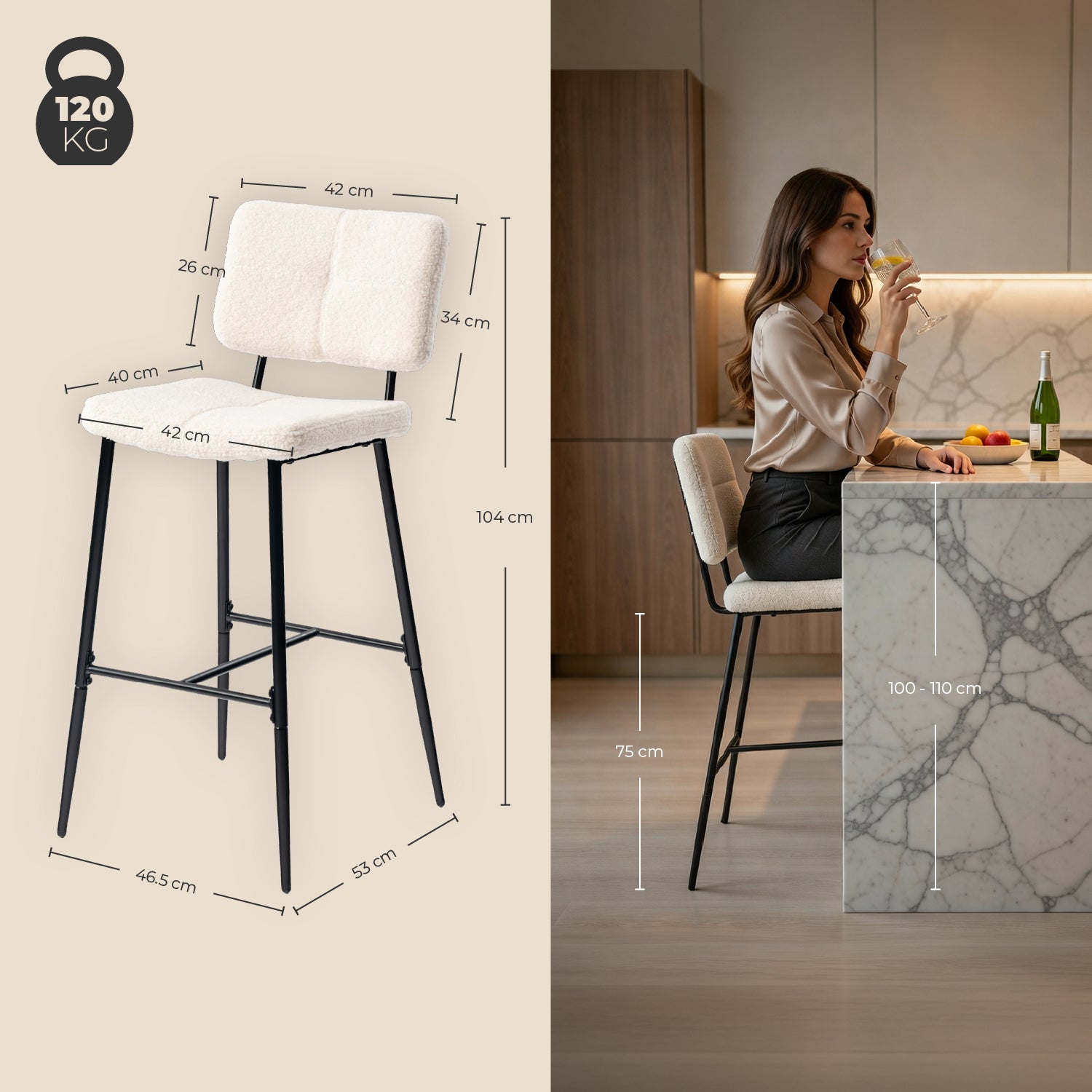 Lot de 2 tabourets de bar scandinaves avec dossier en tissu mouton bouclette beige  - POMONA BAR