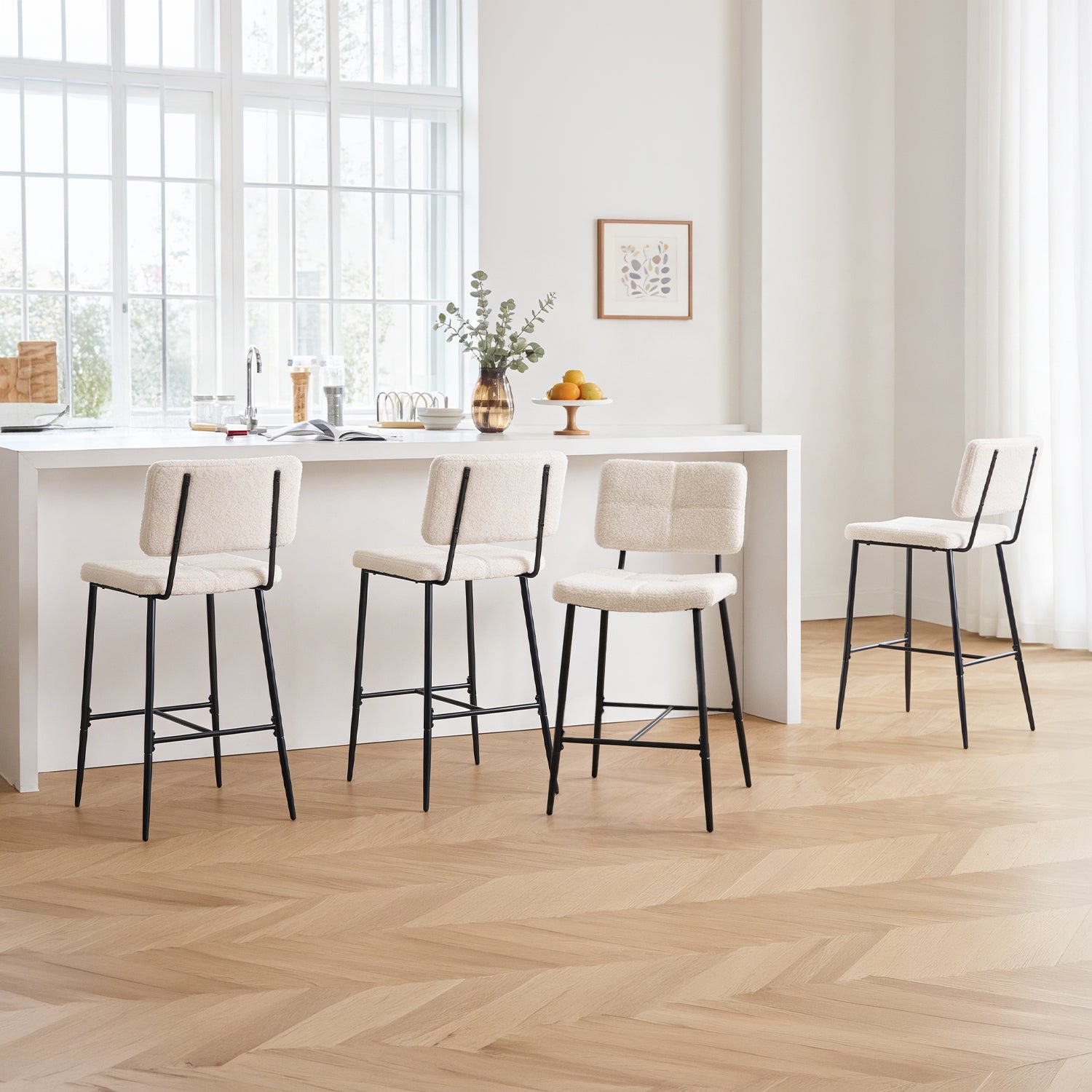 Set of 6 Scandinavian bar stools with back in beige sheepskin fabric - POMONA BAR