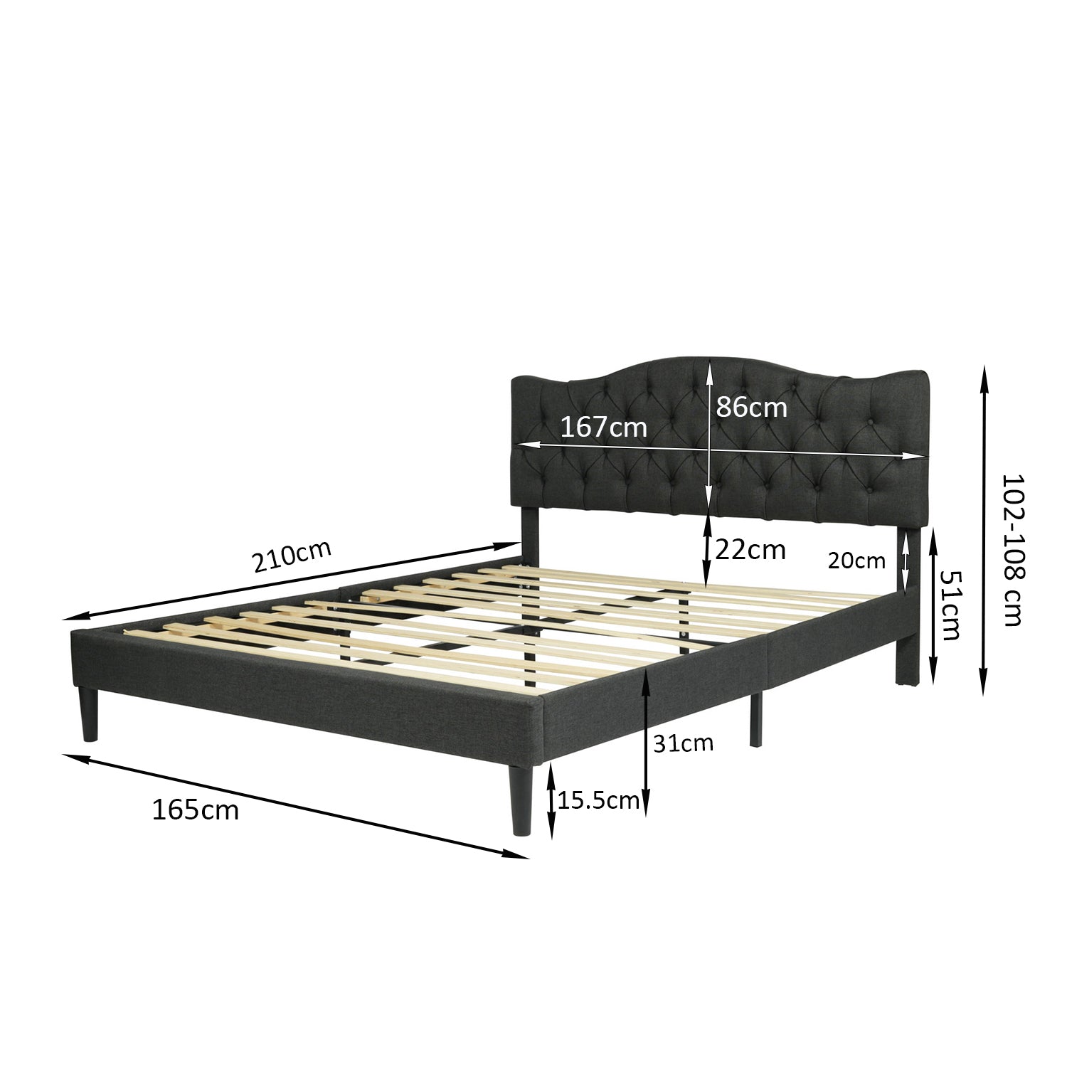 Lit double (160 x 200cm) avec tête de lit capitonnée en tissu gris (matelas non inclus) - LEON