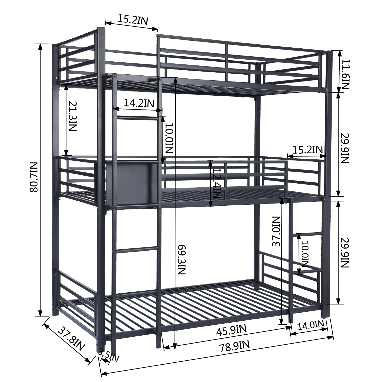 Lit superposé 3 places et 3 étages en métal noir avec échelle 90x190cm (matelas non inclus) - TRIO 3 RECTANGULAR BLACK