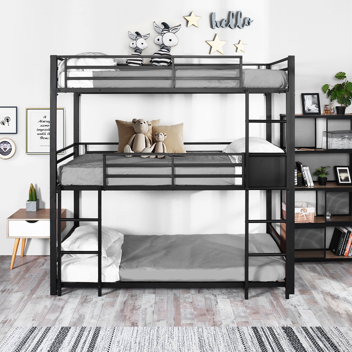 Lit superposé 3 places et 3 étages en métal noir avec échelle 90x190cm (matelas non inclus) - TRIO 3 RECTANGULAR BLACK