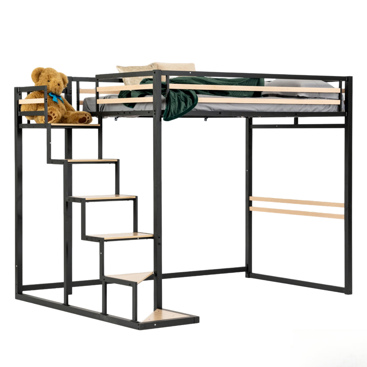 Lit mezzanine 2 places (140x200) avec sommier à lattes au style industriel noir et bois (matelas non inclus) - UP