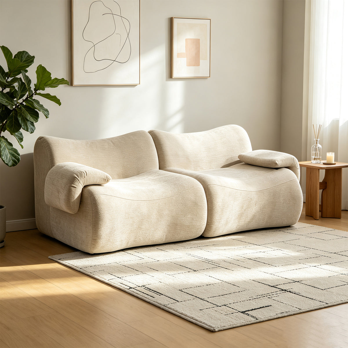 2-seater sofa bed in dark gray fabric with side pockets, modern convertible sofa