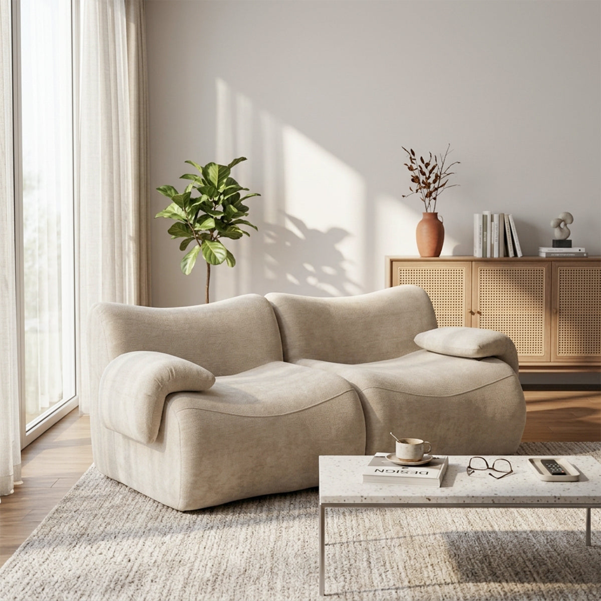 2-seater sofa bed in dark gray fabric with side pockets, modern convertible sofa