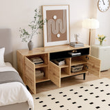 Modernes niedriges Buffet 160 cm in Naturholz mit 3 Türen, verstellbaren Regalen und schwarzen Füßen - 160 x 35 x 76 cm