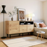 Modernes niedriges Buffet 160 cm in Naturholz mit 3 Türen, verstellbaren Regalen und schwarzen Füßen - 160 x 35 x 76 cm