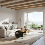 Table basse relevable style industriel avec rangement caché, plateau élévateur et pochette latérale, bois de chêne et métal noir - ZOLA