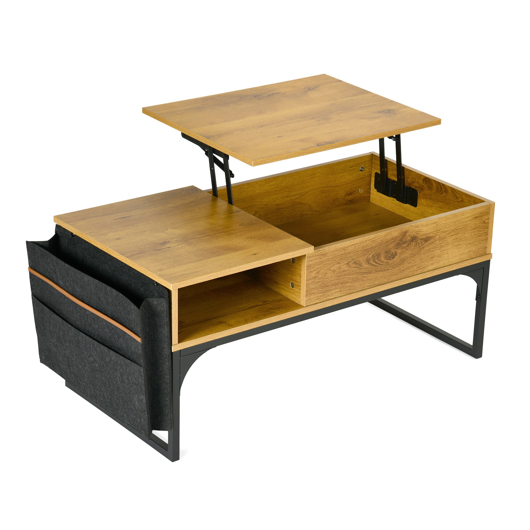 Mesa de café elevable de estilo industrial con almacenamiento oculto, elevación y bolsillo lateral, madera de roble y black metal - Zola
