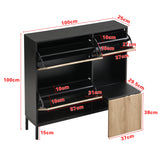 Meuble à chaussures avec banc intégré 100x25x100 cm en MDF noir et bois naturel, 3 abattants, étagères et assise escamotable, idéal pour entrée, couloir ou chambre