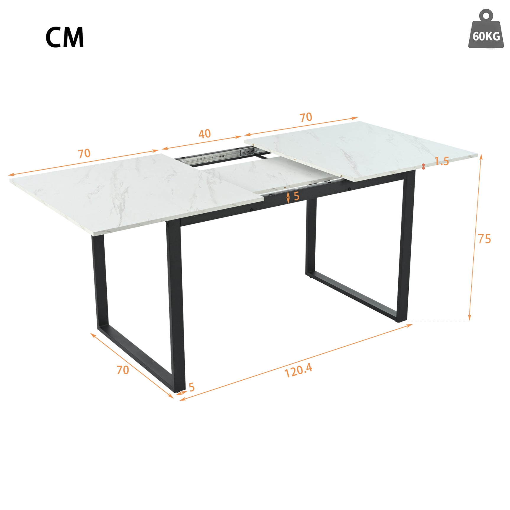 Table à manger extensible 140/180x80x75 cm avec plateau MDF effet marbre blanc et pieds en métal noir