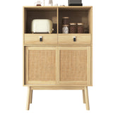 Modernes Holzbuffet mit hohem hochstilem Stil mit natürlichen Rattan -Türen, 2 Schubladen und 2 offenen Nischen - 80x39.5x120 cm