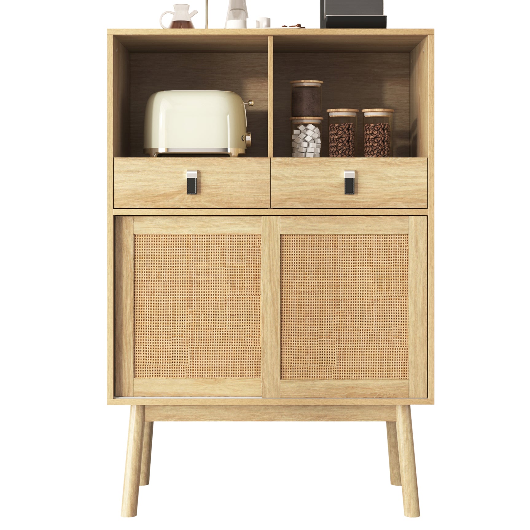 Modernes Holzbuffet mit hohem hochstilem Stil mit natürlichen Rattan -Türen, 2 Schubladen und 2 offenen Nischen - 80x39.5x120 cm