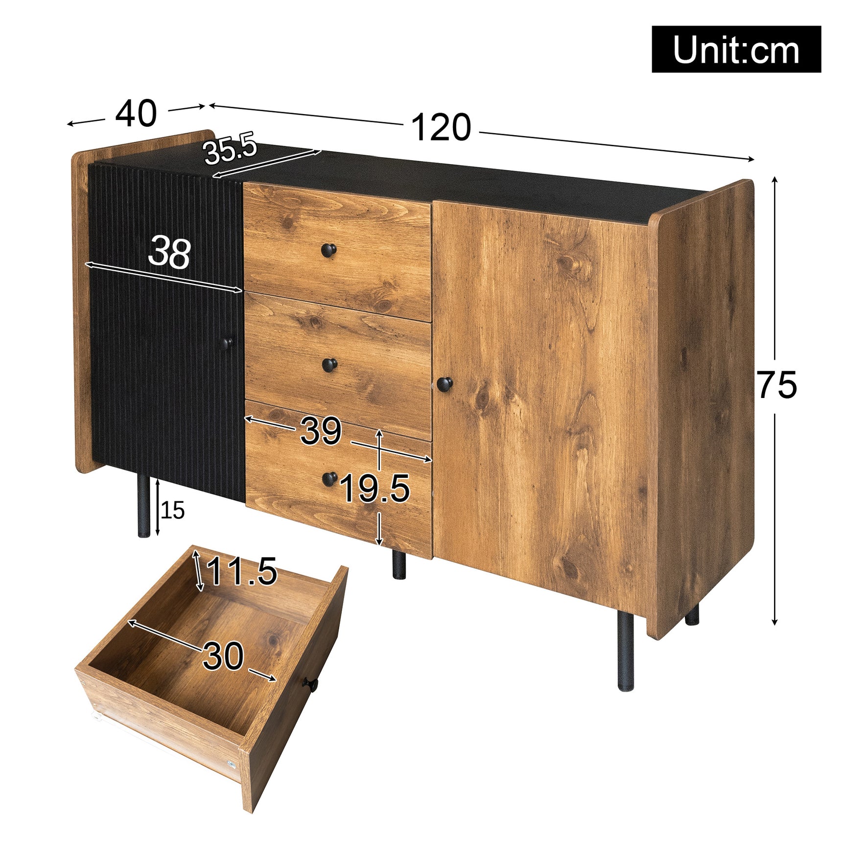Modernes Buffet 120 cm Schwarz und Holz mit 2 Türen und 3 Schubladen, Design -Sideboard mit großem Stauraum