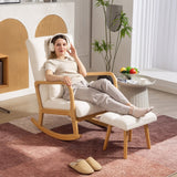 Fauteuil à bascule avec repose-pieds, revêtement polaire blanc, dossier haut et structure bois naturel
