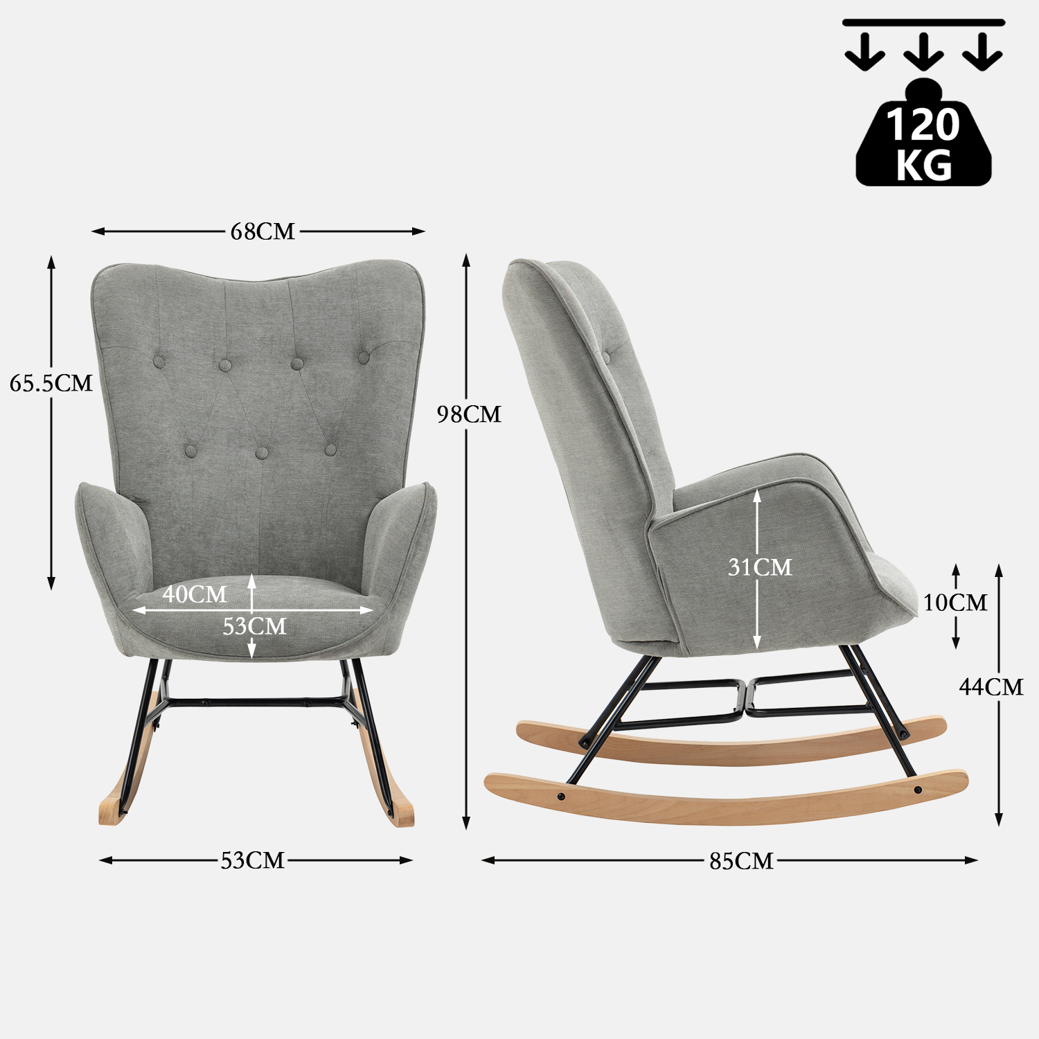 Fauteuil à bascule allaitement scandinave avec accoudoirs en tissu gris capitonné - EPPING