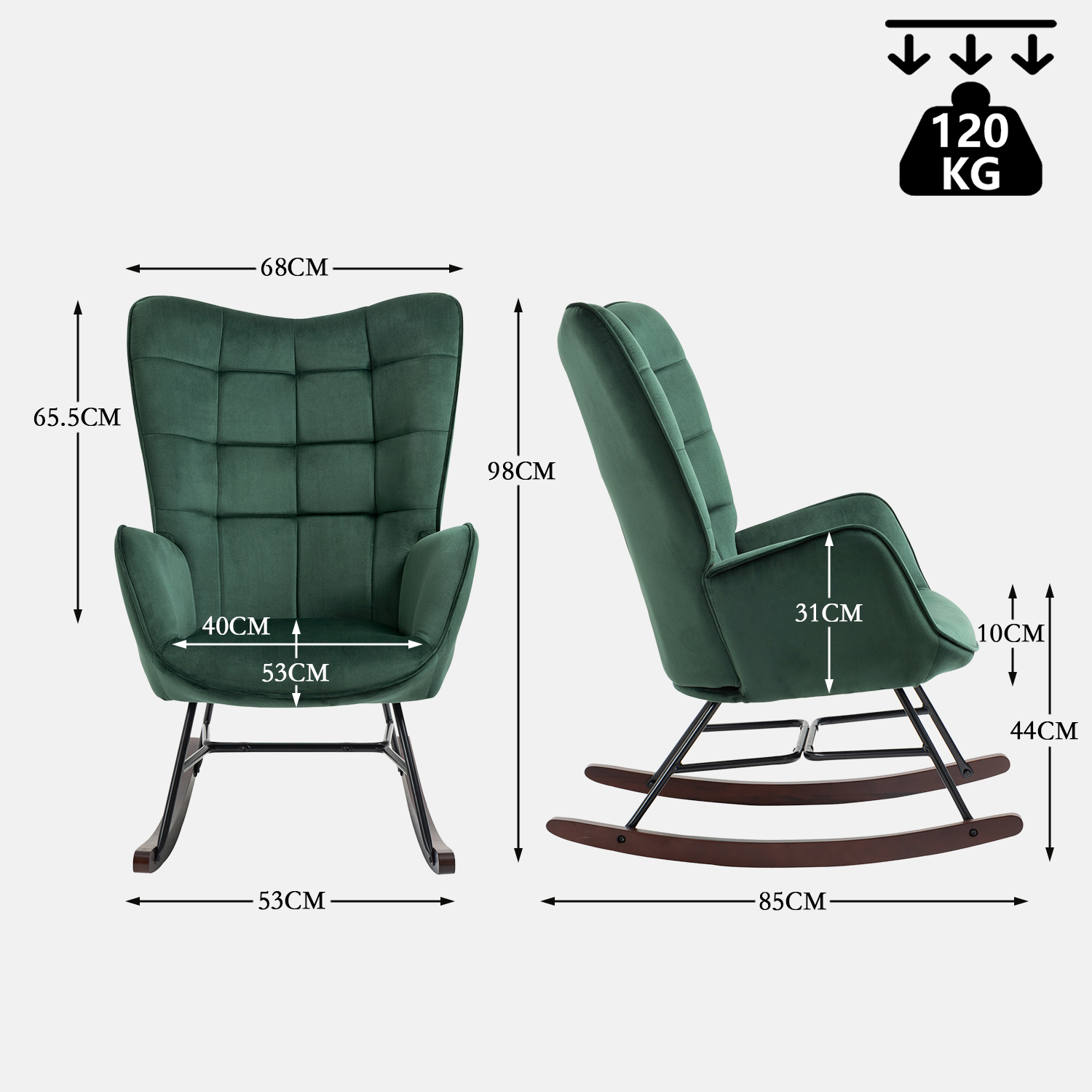 Fauteuil à bascule allaitement scandinave avec accoudoirs en velours vert foncé à surpiqûres - FUNKEL