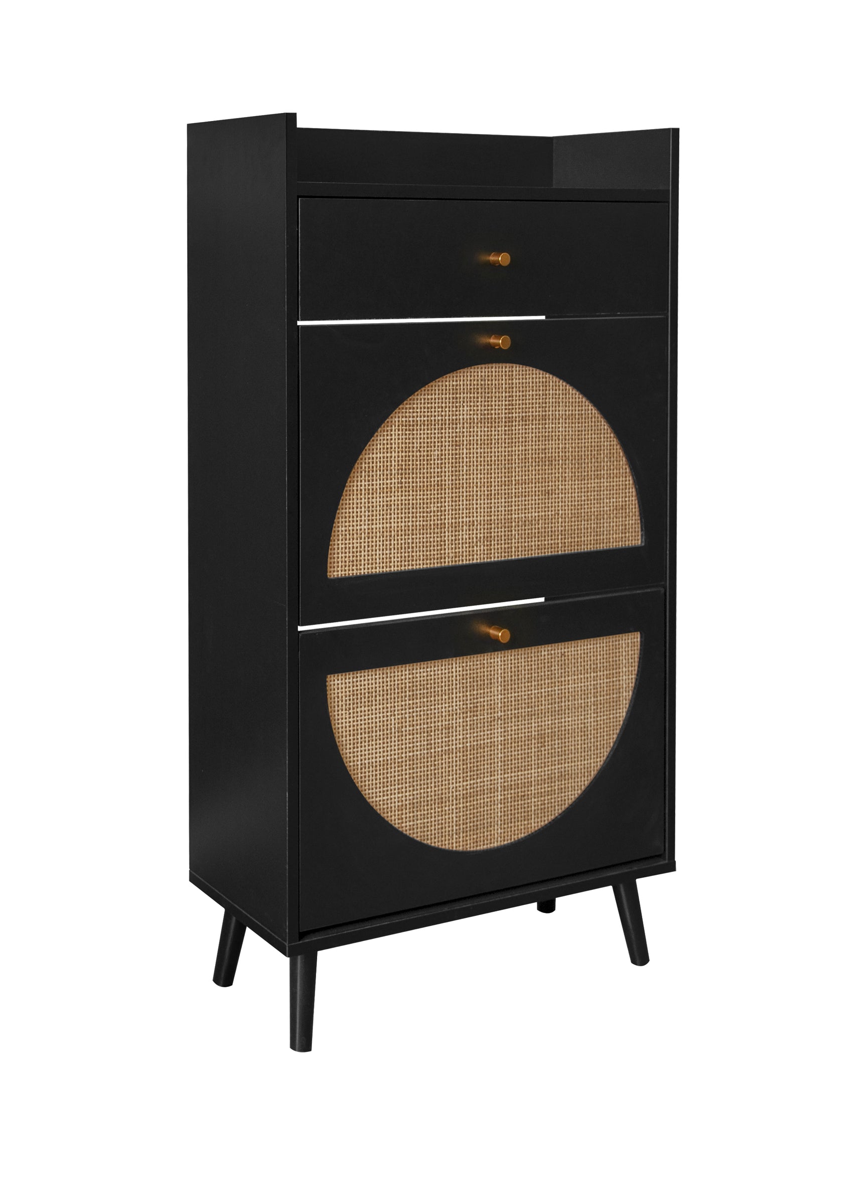 Meuble à chaussures noir 60x24x110 cm avec 2 portes en rotin, 1 tiroir et étagères réglables