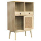 Modernes Holzbuffet mit hohem hochstilem Stil mit natürlichen Rattan -Türen, 2 Schubladen und 2 offenen Nischen - 80x39.5x120 cm
